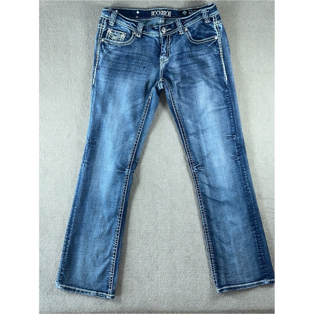 Rock & Roll Cowgirl Mid Rise Riding Jeans Womens‎ 33x36 Dark Wash W7-1541